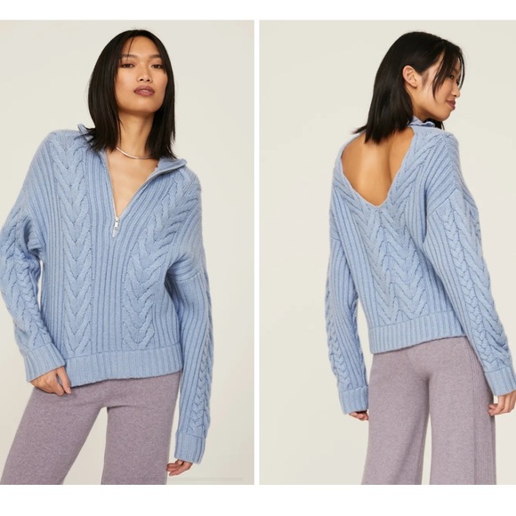 NWT Naadam Wool Cashmere Open Back Cable Knit Quarter Zip Collar cutout sweater